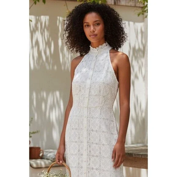 DESIGNER AQUA WHITE LACE HALTER NECKLINE RUFFLE HEM SLEEVELESS DRESS SIZE LARGE - Picture 13 of 16